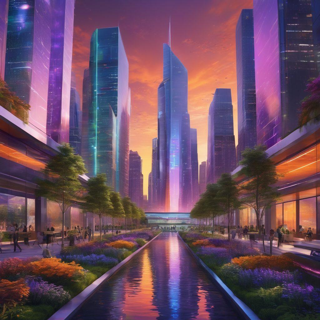 A futuristic cityscape representing innovation, featuring sleek skyscrapers with digital screens displaying creative ideas, surrounded by vibrant green spaces and advanced technology. Include diverse professionals collaborating in an open-air workspace, with floating holographic interfaces showcasing growth and transformation. The sky should be a gradient of orange and purple to symbolize new beginnings. super-realistic. vibrant colors. 3D.