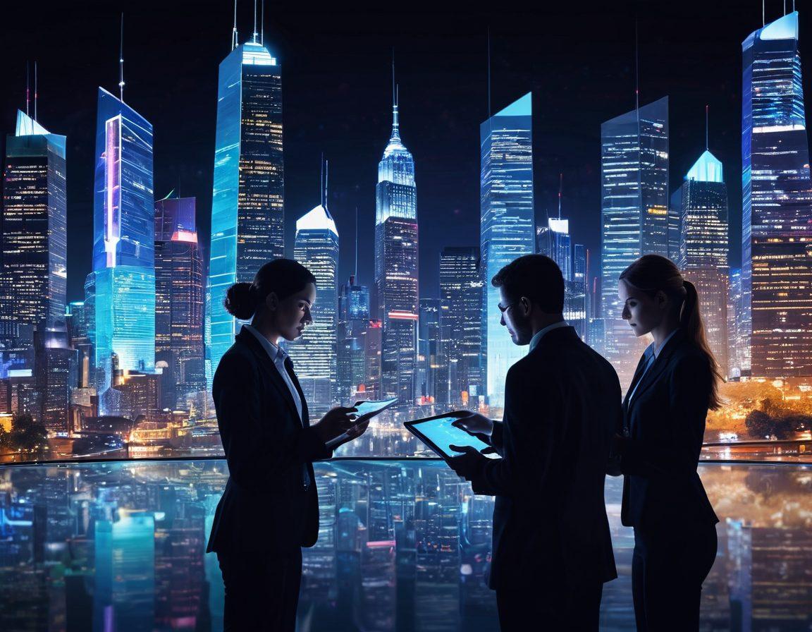 An inspiring scene depicting a business professional engaging with advanced digital tools and technologies, showcasing the transformative impact on their work. The background features a futuristic city skyline symbolizing growth, with vibrant graphs and holograms representing data analysis. Add elements of teamwork, with diverse professionals collaborating in an energetic atmosphere. Bright lighting and a dynamic composition to evoke innovation and change. super-realistic. vibrant colors. 3D.
